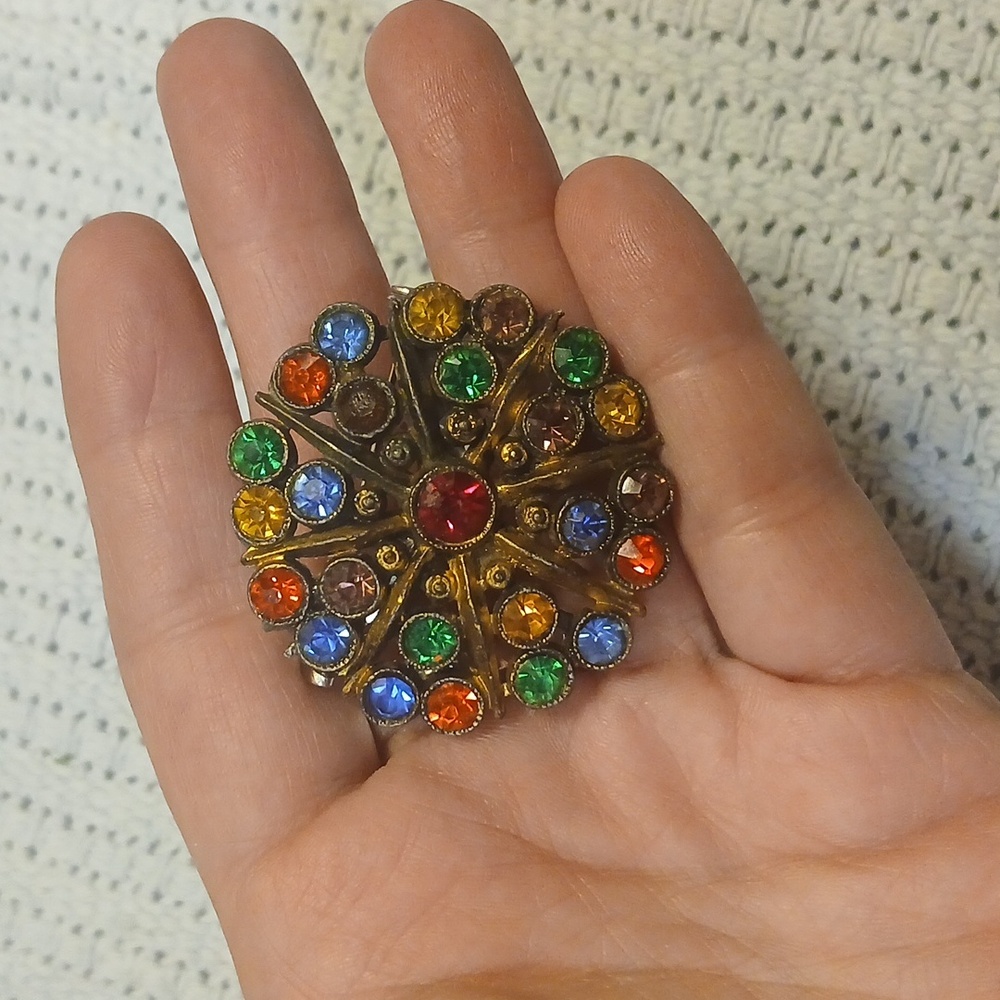 Colorful Vintage Gem Brooch and Black Gem Ring Set - Picture 2 of 14